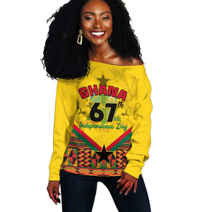 Ghana Independence Day Off Shoulder Sweater with Freedom and Justice and African Pattern