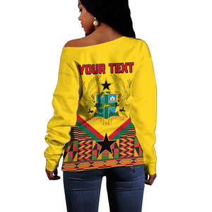 Ghana Independence Day Off Shoulder Sweater with Freedom and Justice and African Pattern