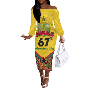 Ghana Independence Day Off The Shoulder Long Sleeve Dress with Freedom and Justice and African Pattern