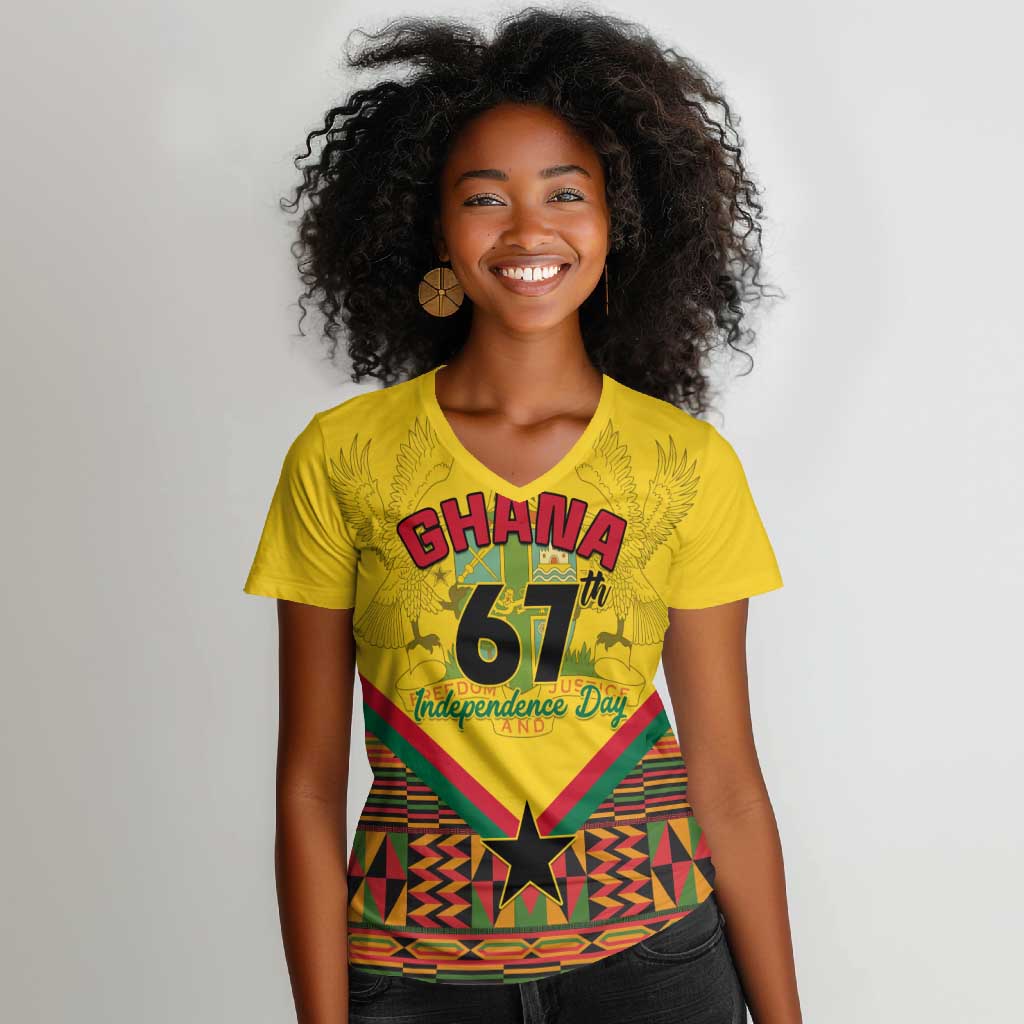 Ghana Independence Day Women V-Neck T-Shirt with Freedom and Justice and African Pattern