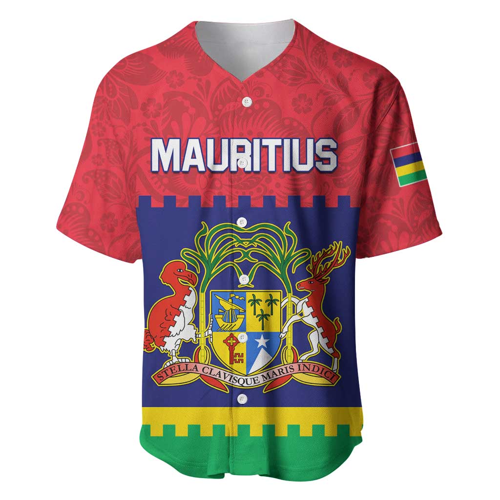 Mauritius Independence Day Baseball Jersey with Stella Clavisque Maris Indici and Floral Pattern