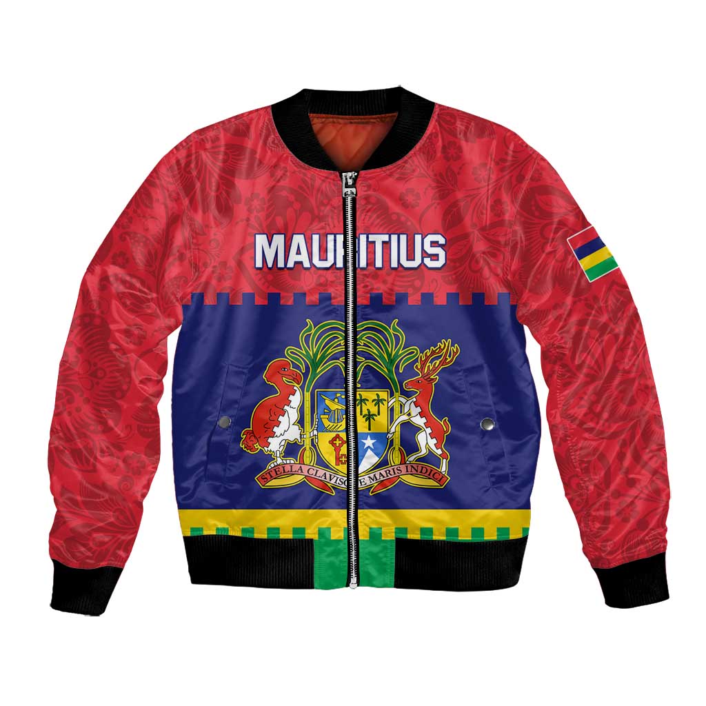 Mauritius Independence Day Bomber Jacket with Stella Clavisque Maris Indici and Floral Pattern