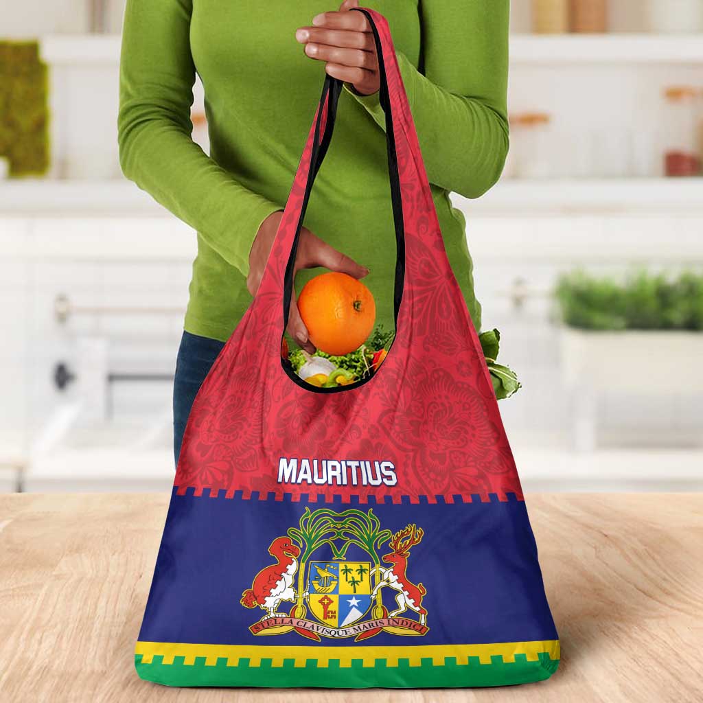 Mauritius Independence Day Grocery Bag with Stella Clavisque Maris Indici and Floral Pattern
