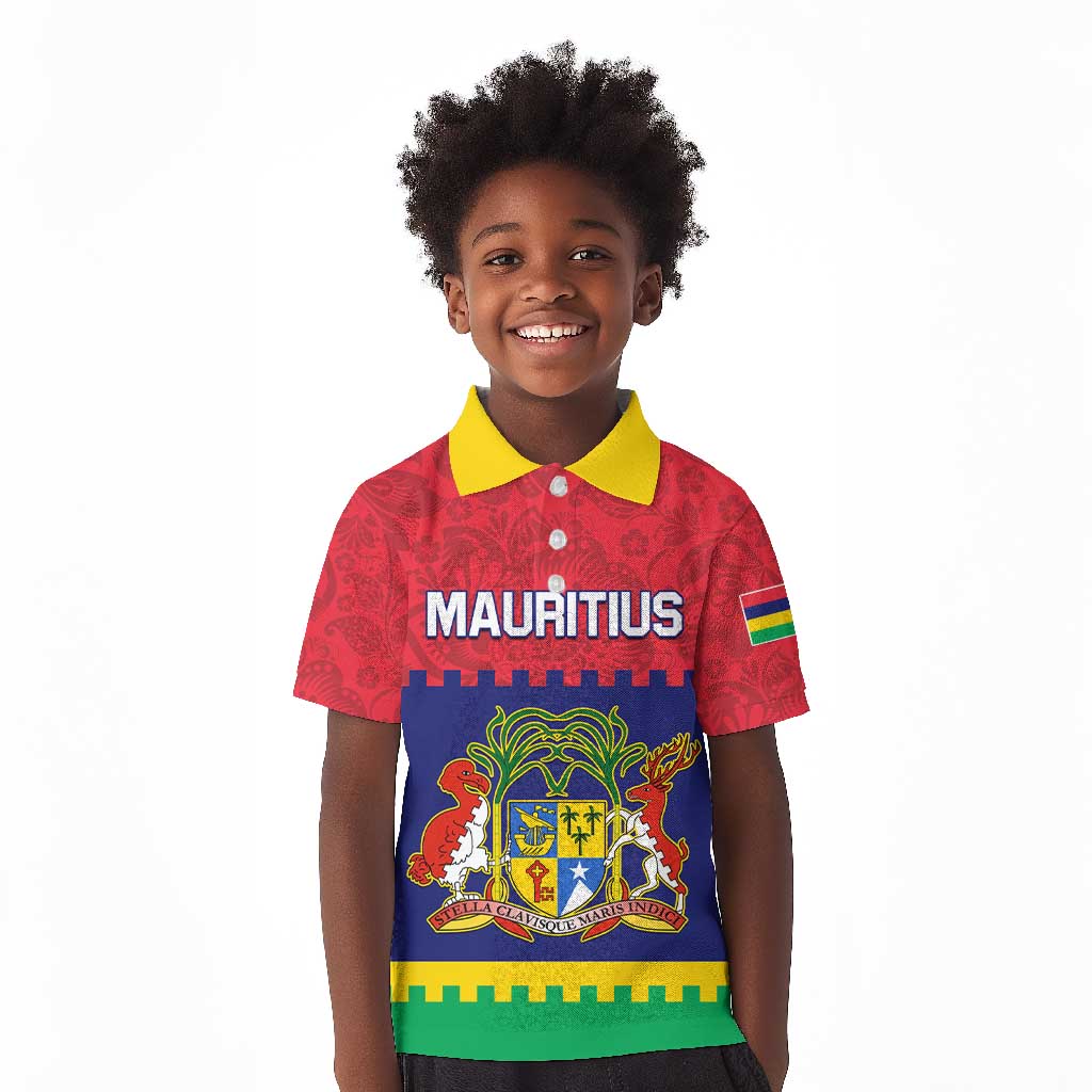 Mauritius Independence Day Kid Polo Shirt with Stella Clavisque Maris Indici and Floral Pattern