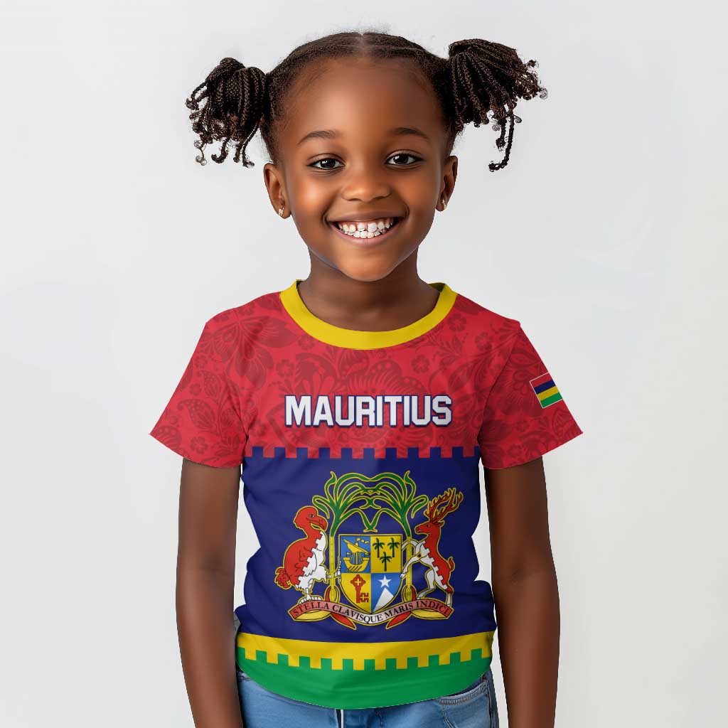 Mauritius Independence Day Kid T shirt with Stella Clavisque Maris Indici and Floral Pattern