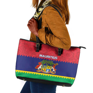 Mauritius Independence Day Leather Tote Bag with Stella Clavisque Maris Indici and Floral Pattern