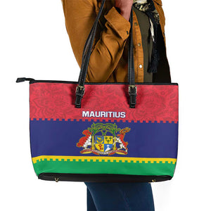 Mauritius Independence Day Leather Tote Bag with Stella Clavisque Maris Indici and Floral Pattern