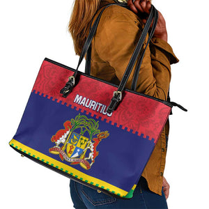 Mauritius Independence Day Leather Tote Bag with Stella Clavisque Maris Indici and Floral Pattern