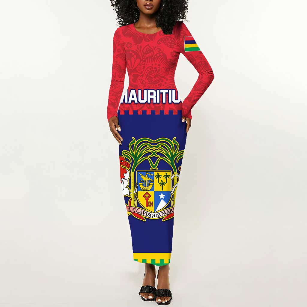 Mauritius Independence Day Long Sleeve Bodycon Dress with Stella Clavisque Maris Indici and Floral Pattern