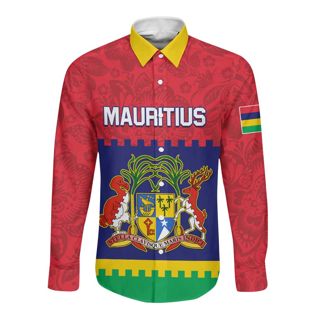 Mauritius Independence Day Long Sleeve Button Shirt with Stella Clavisque Maris Indici and Floral Pattern