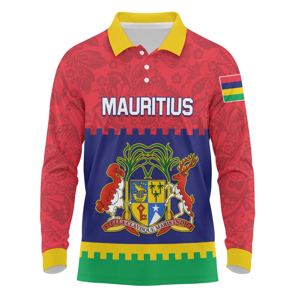 Mauritius Independence Day Long Sleeve Polo Shirt with Stella Clavisque Maris Indici and Floral Pattern