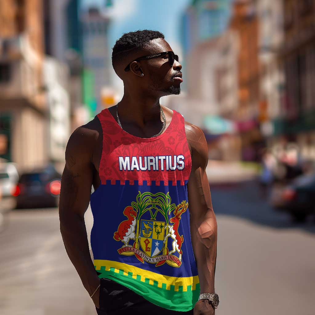 Mauritius Independence Day Men Tank Top with Stella Clavisque Maris Indici and Floral Pattern