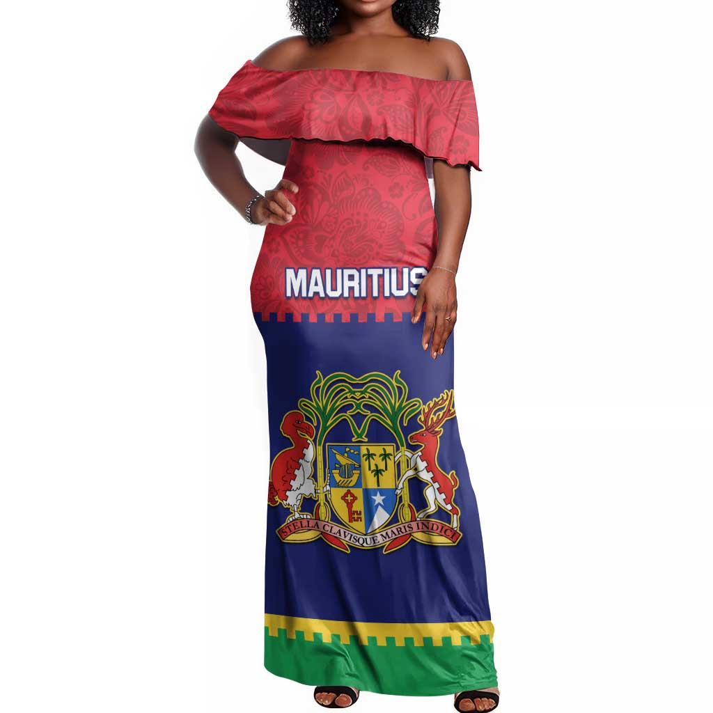 Mauritius Independence Day Off Shoulder Maxi Dress with Stella Clavisque Maris Indici and Floral Pattern