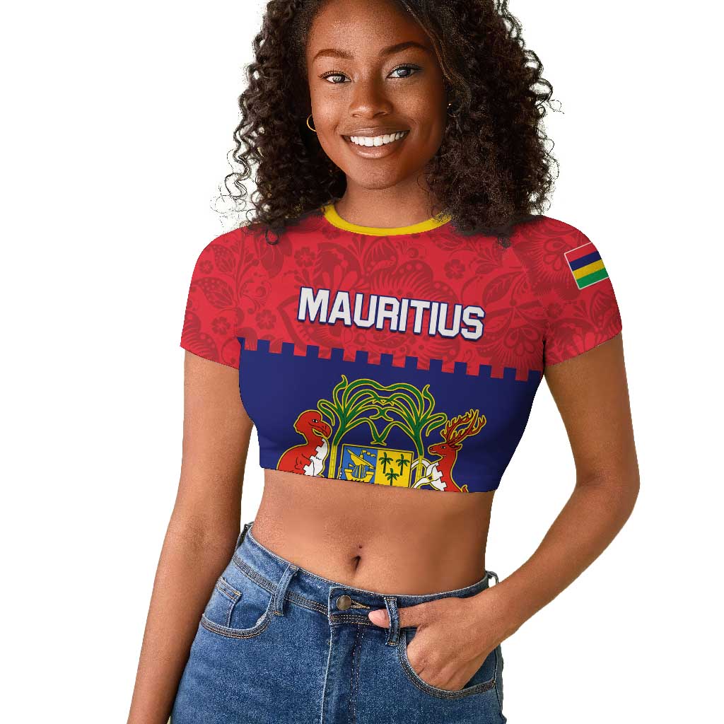 Mauritius Independence Day Raglan Cropped T shirt with Stella Clavisque Maris Indici and Floral Pattern