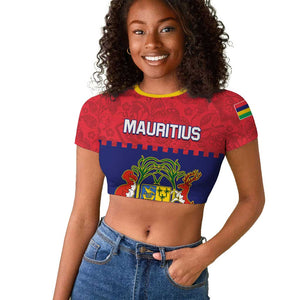 Mauritius Independence Day Raglan Cropped T shirt with Stella Clavisque Maris Indici and Floral Pattern