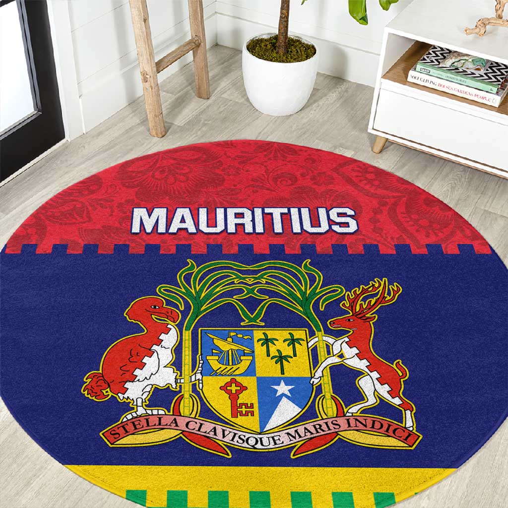 Mauritius Independence Day Round Carpet with Stella Clavisque Maris Indici and Floral Pattern