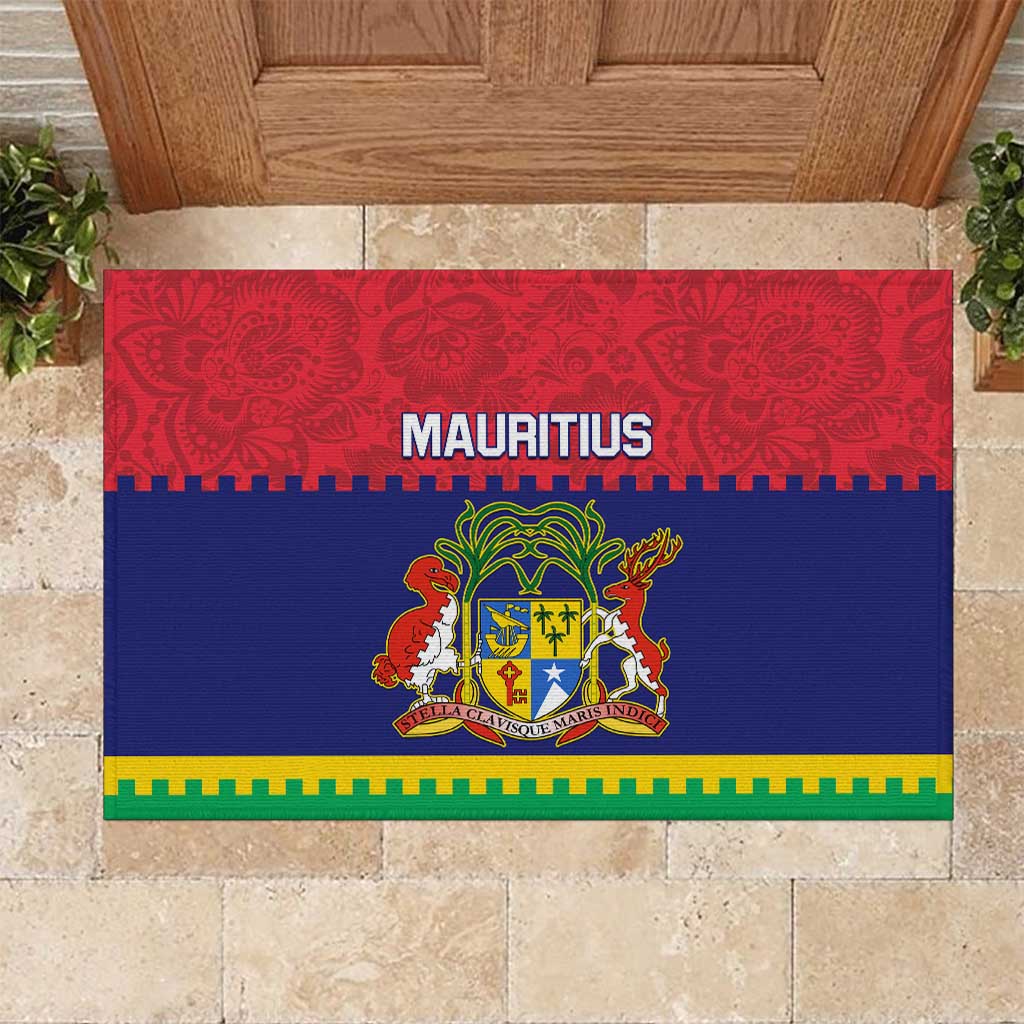 Mauritius Independence Day Rubber Doormat with Stella Clavisque Maris Indici and Floral Pattern