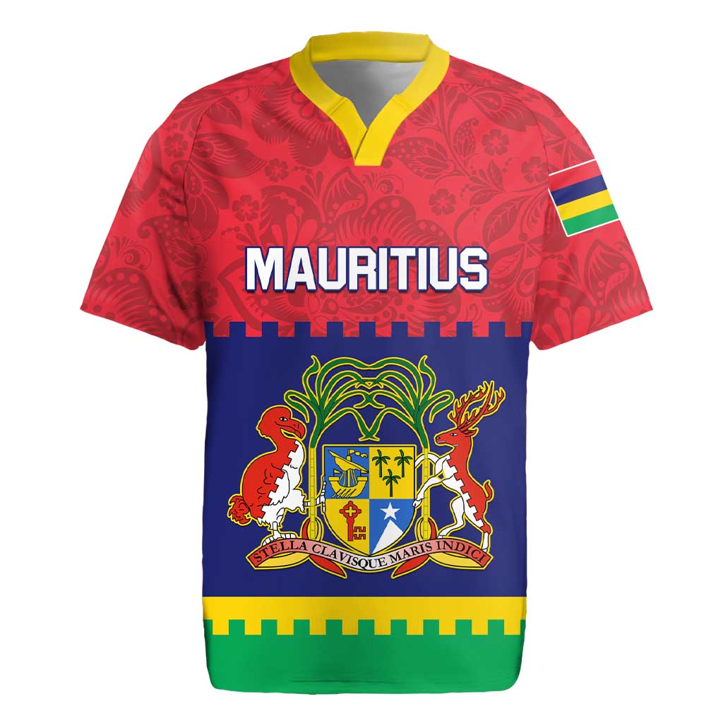 Mauritius Independence Day Rugby Jersey with Stella Clavisque Maris Indici and Floral Pattern