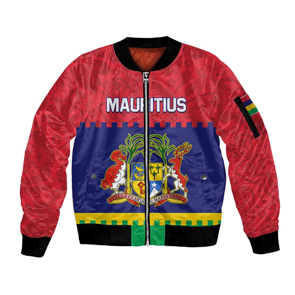 Mauritius Independence Day Sleeve Zip Bomber Jacket with Stella Clavisque Maris Indici and Floral Pattern