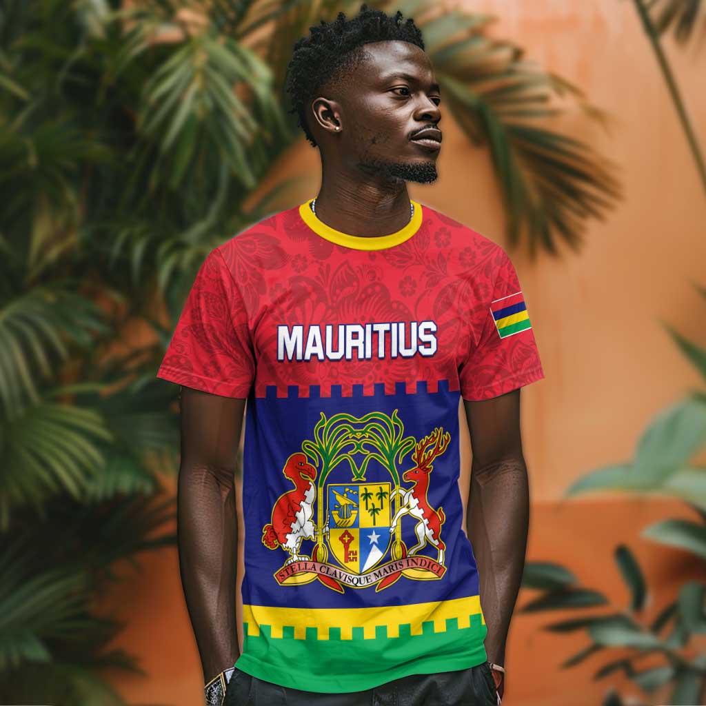 Mauritius Independence Day T shirt with Stella Clavisque Maris Indici and Floral Pattern