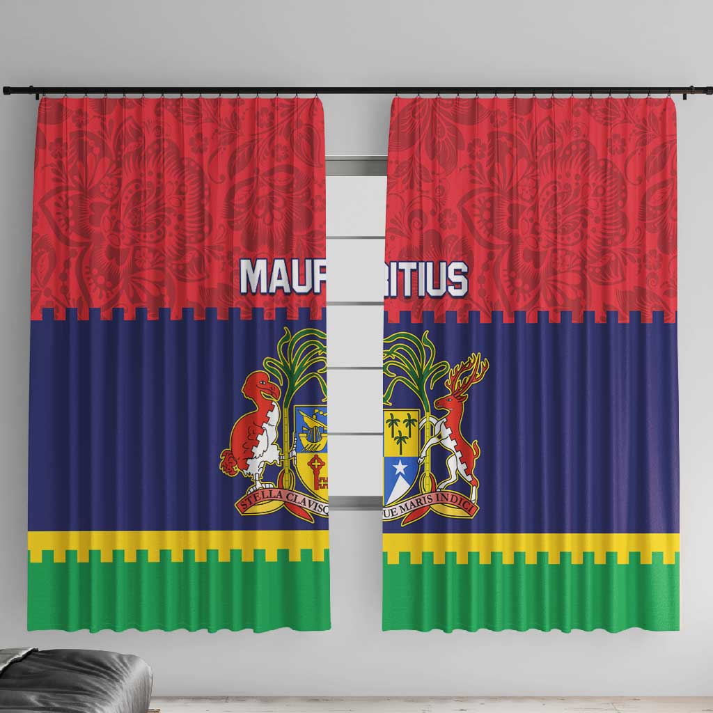 Mauritius Independence Day Window Curtain with Stella Clavisque Maris Indici and Floral Pattern