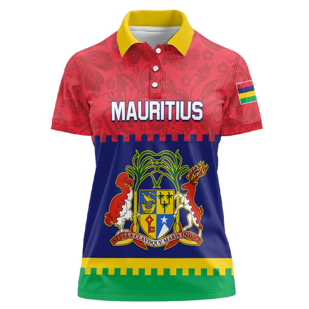 Mauritius Independence Day Women Polo Shirt with Stella Clavisque Maris Indici and Floral Pattern