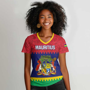 Mauritius Independence Day Women V-Neck T-Shirt with Stella Clavisque Maris Indici and Floral Pattern