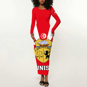 Tunisia Independence Day Long Sleeve Bodycon Dress with Coat of Arms and Flag Style