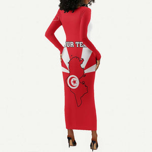 Tunisia Independence Day Long Sleeve Bodycon Dress with Coat of Arms and Flag Style