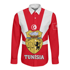 Tunisia Independence Day Long Sleeve Button Shirt with Coat of Arms and Flag Style