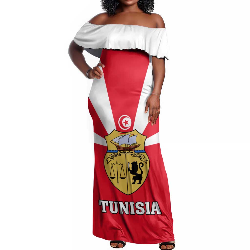 Tunisia Independence Day Off Shoulder Maxi Dress with Coat of Arms and Flag Style