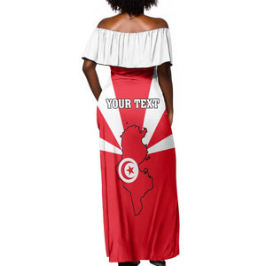 Tunisia Independence Day Off Shoulder Maxi Dress with Coat of Arms and Flag Style