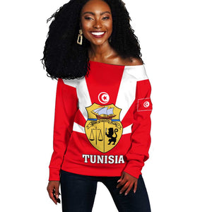 Tunisia Independence Day Off Shoulder Sweater with Coat of Arms and Flag Style