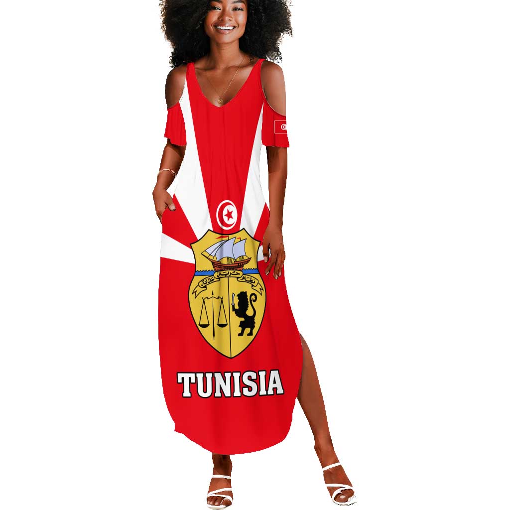 Tunisia Independence Day Summer Maxi Dress with Coat of Arms and Flag Style