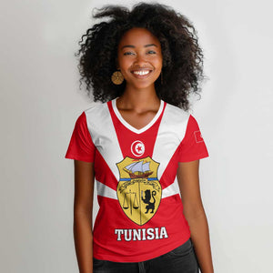 Tunisia Independence Day Women V-Neck T-Shirt with Coat of Arms and Flag Style