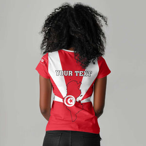 Tunisia Independence Day Women V-Neck T-Shirt with Coat of Arms and Flag Style