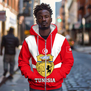 Tunisia Independence Day Zip Hoodie with Coat of Arms and Flag Style