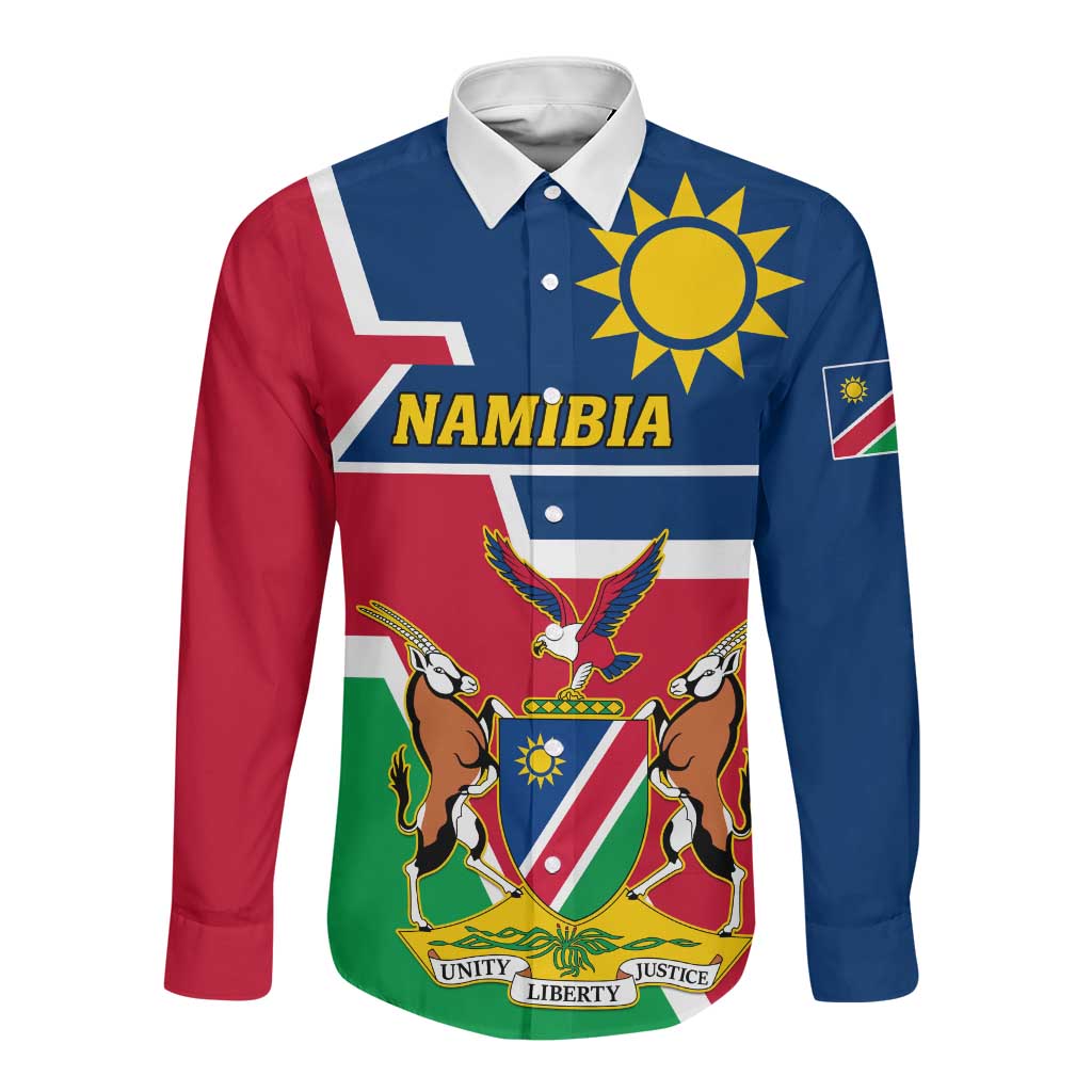 Namibia Independence Day Long Sleeve Button Shirt with Coat of Arms in Unique Style