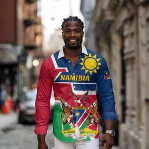 Namibia Independence Day Long Sleeve Button Shirt with Coat of Arms in Unique Style