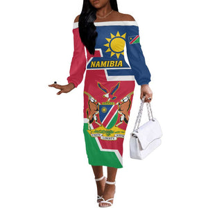 Namibia Independence Day Off The Shoulder Long Sleeve Dress with Coat of Arms in Unique Style