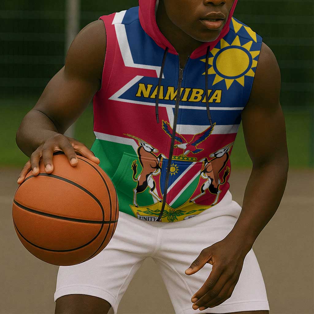 Namibia Independence Day Sleeveless Zip Hoodie with Coat of Arms in Unique Style - African Pride