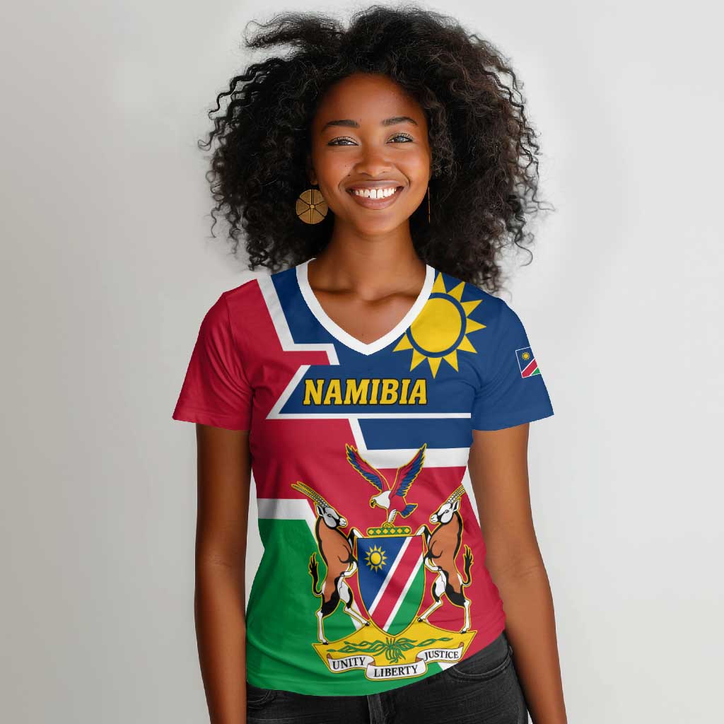 Namibia Independence Day Women V-Neck T-Shirt with Coat of Arms in Unique Style