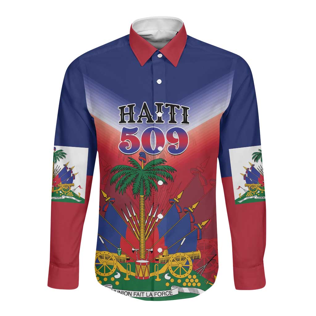 Personalized Afro Haiti 509 Long Sleeve Button Shirt Repiblik d Ayiti