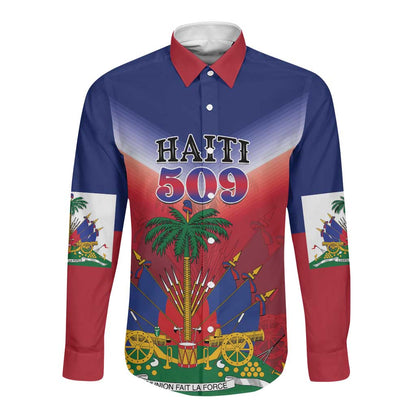 Personalized Afro Haiti 509 Long Sleeve Button Shirt Repiblik d Ayiti