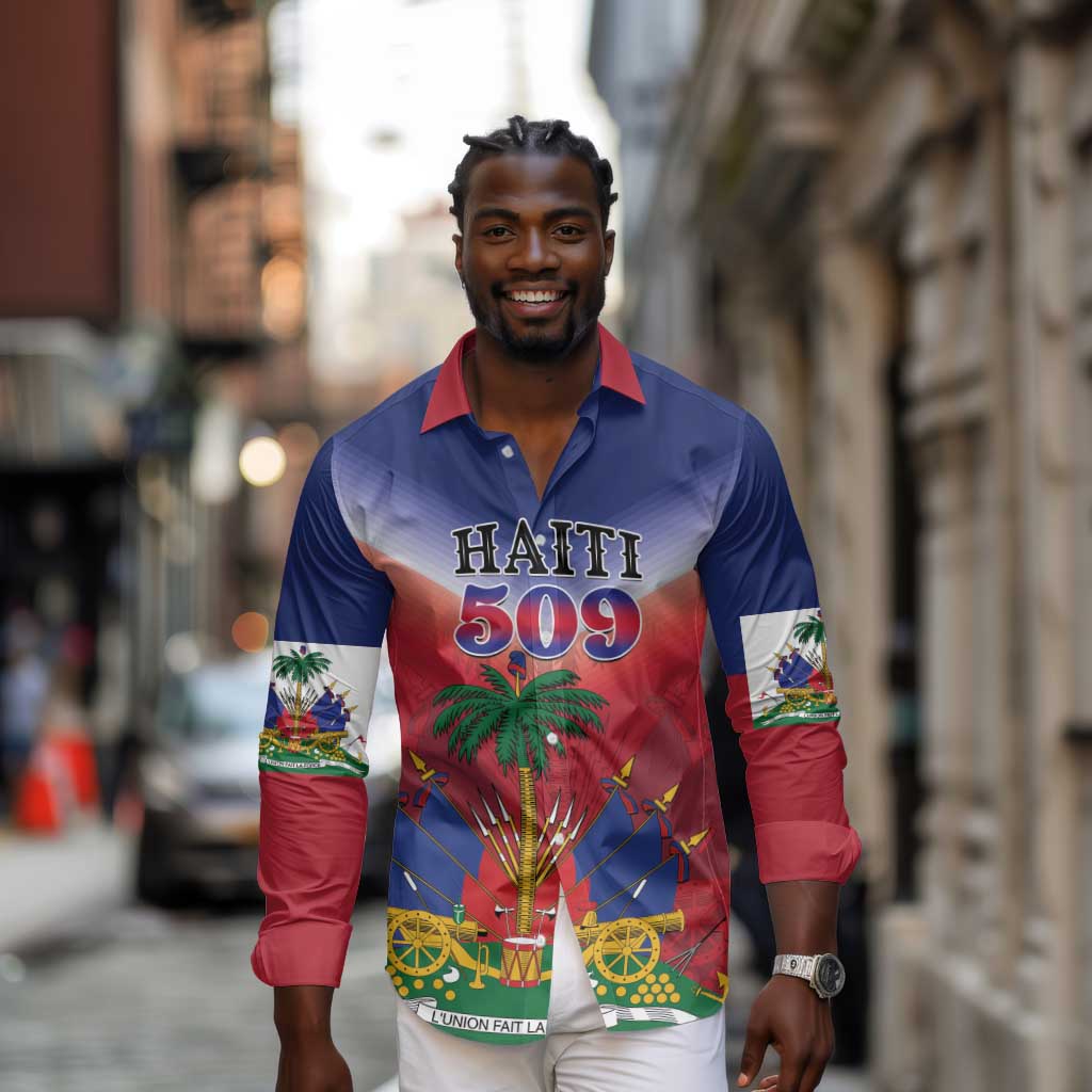 Personalized Afro Haiti 509 Long Sleeve Button Shirt Repiblik d Ayiti