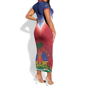 Personalized Afro Haiti 509 Short Sleeve Bodycon Dress Repiblik d Ayiti