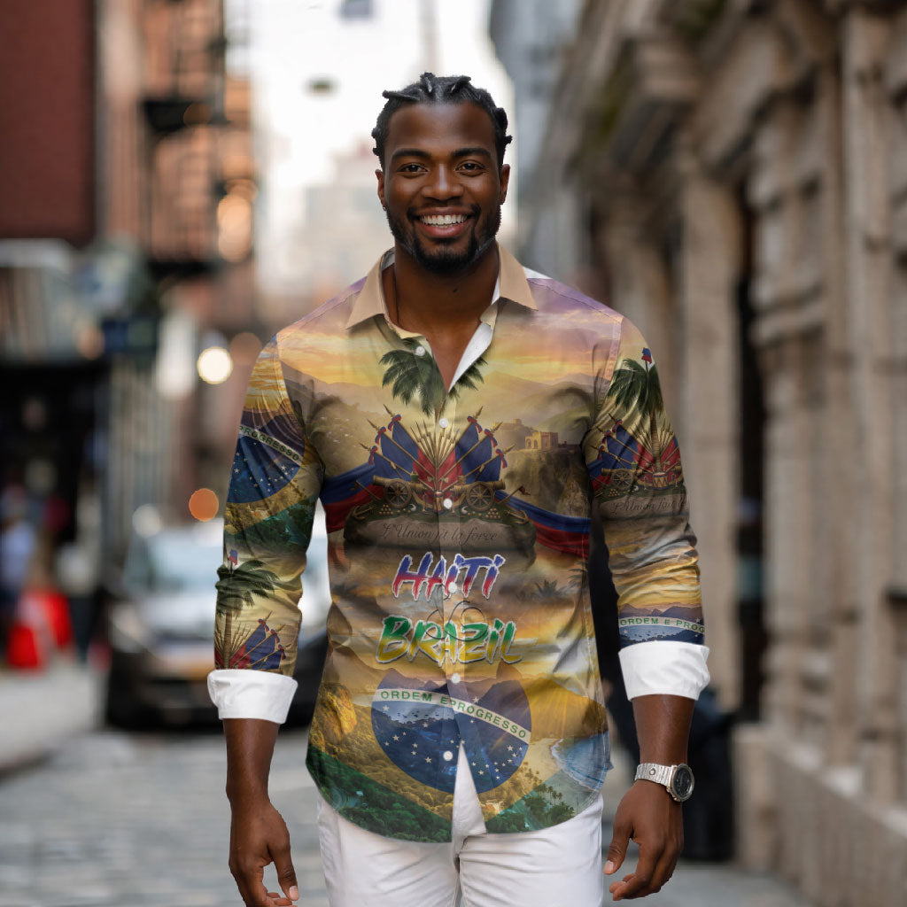 Personalized Brazil Haiti Long Sleeve Button Shirt Heritage Landscape