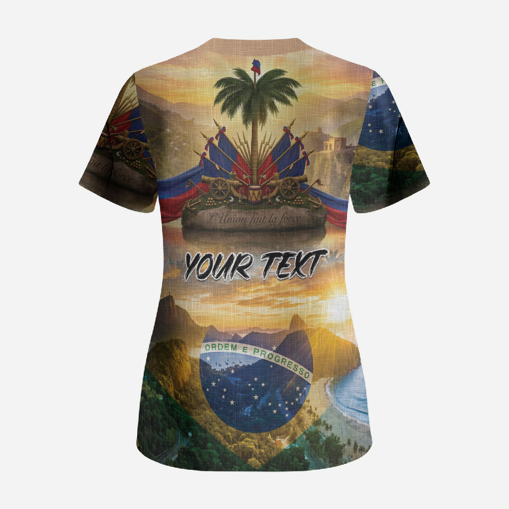 Personalized Brazil Haiti Scrub Top Heritage Landscape