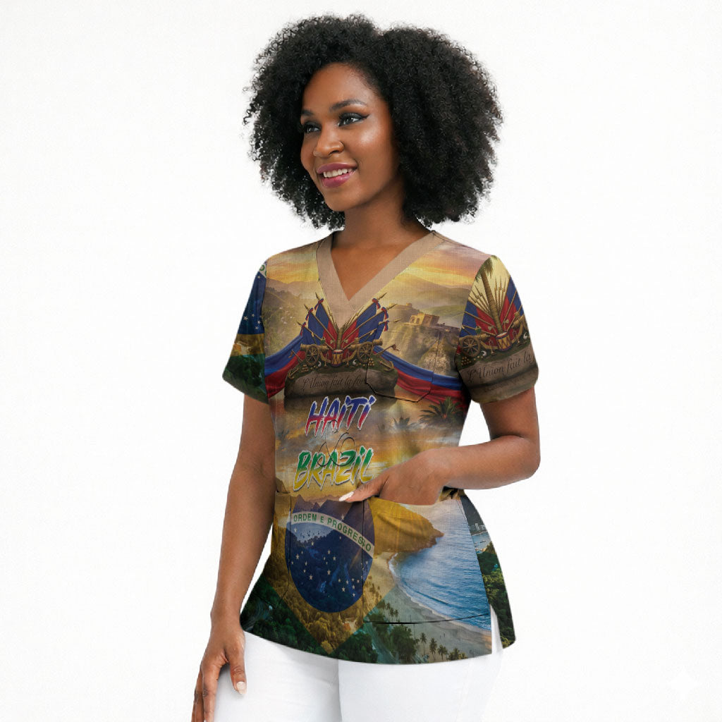 Personalized Brazil Haiti Scrub Top Heritage Landscape