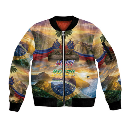 Personalized Brazil Haiti Sleeve Zip Bomber Jacket Heritage Landscape